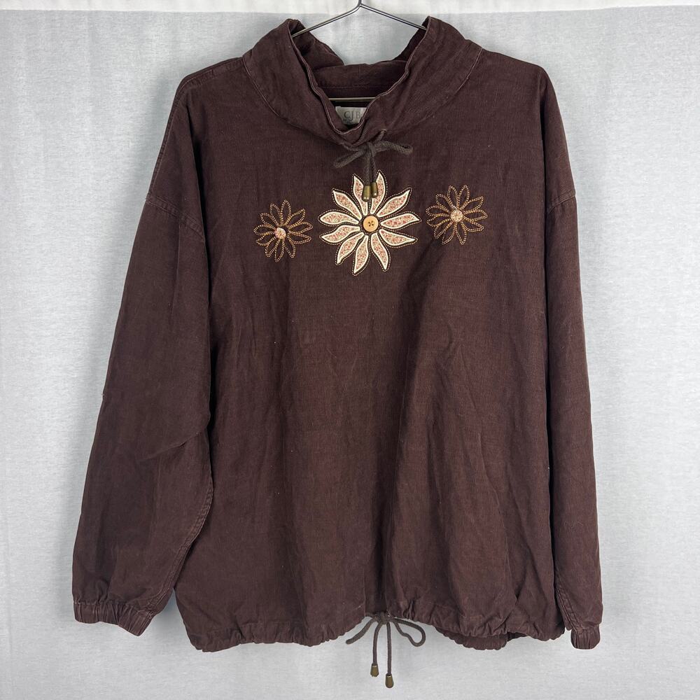 Vintage Boho Sweatshirt Womens 1X Brown Corduroy Embroidered Floral Cottagecore